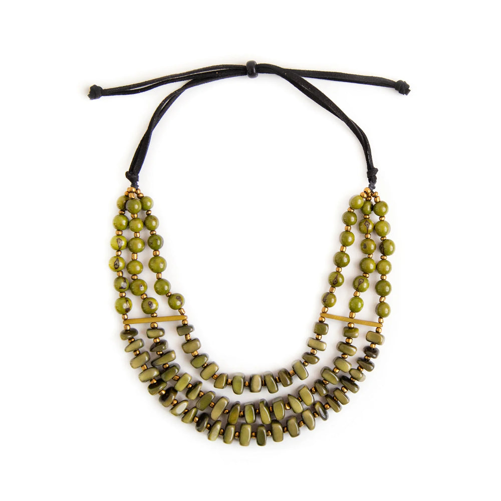 Front image of Tagua Ramona Necklace. Olive green handmade necklace. 