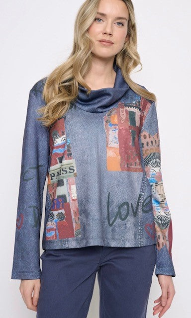 Long Sleeve Draped Neck Print Scuba Top