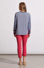 Full Back view of striped Cotton Long Sleeve Top with Curved Hem