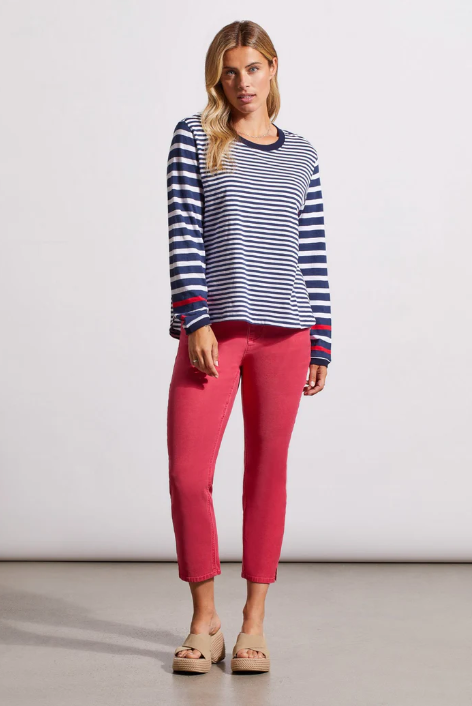 full Front view of striped Cotton Long Sleeve Top with Curved Hem