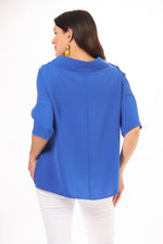 Back View Image of Suzy D London Electric Blue high Low Cowl Neck Top . Cowl Neck Top