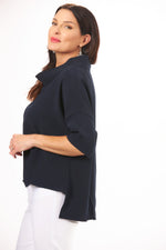 Side View Image of Suzy D London Navy High Low cowl neck top. Cowl Neck Top