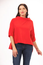 Front View Image of  Suzy D London Red High Low Cowl Neck Top. Cowl Neck Top