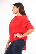 Side View Image of Suzy D London Red High Low Cowl Neck Top. Cowl Neck Top
