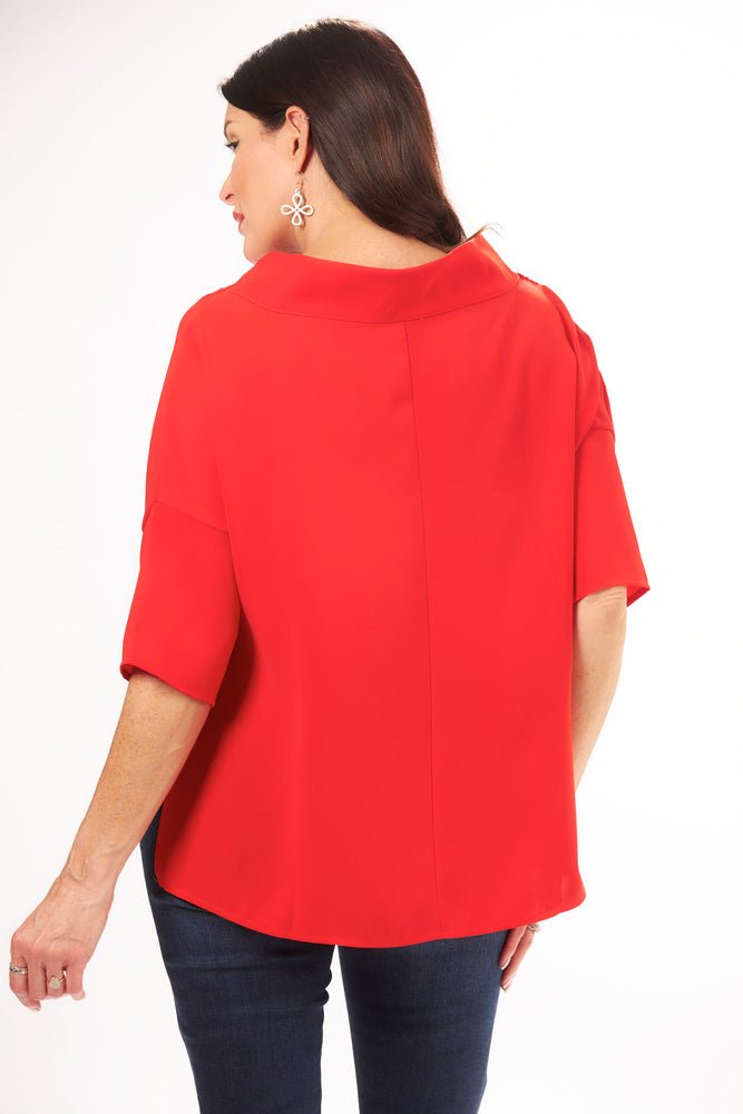 Back View Image of Suzy D London Red High Low Cowl Neck Top. Cowl Neck Top