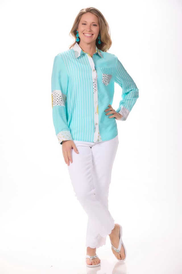 3/4 Sleeve Button Front Print Top