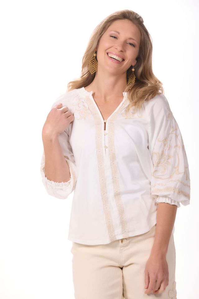 Blouson Sleeve Ruffle Neck Embroidered Top