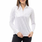 Front image of SanSoleil solshine long sleeve top. White and silver printed top. 