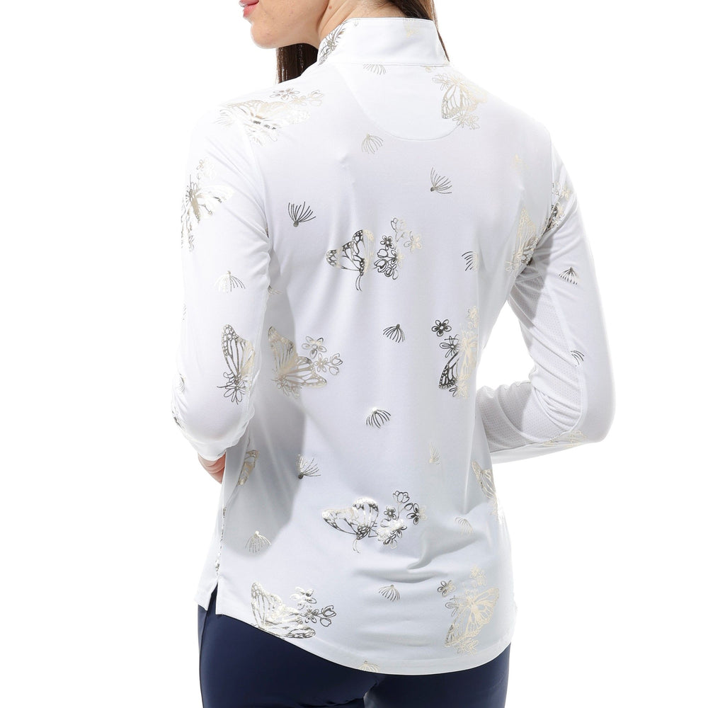 Back image of SanSoleil white monarch printed top. Long sleeve mock neck print. 