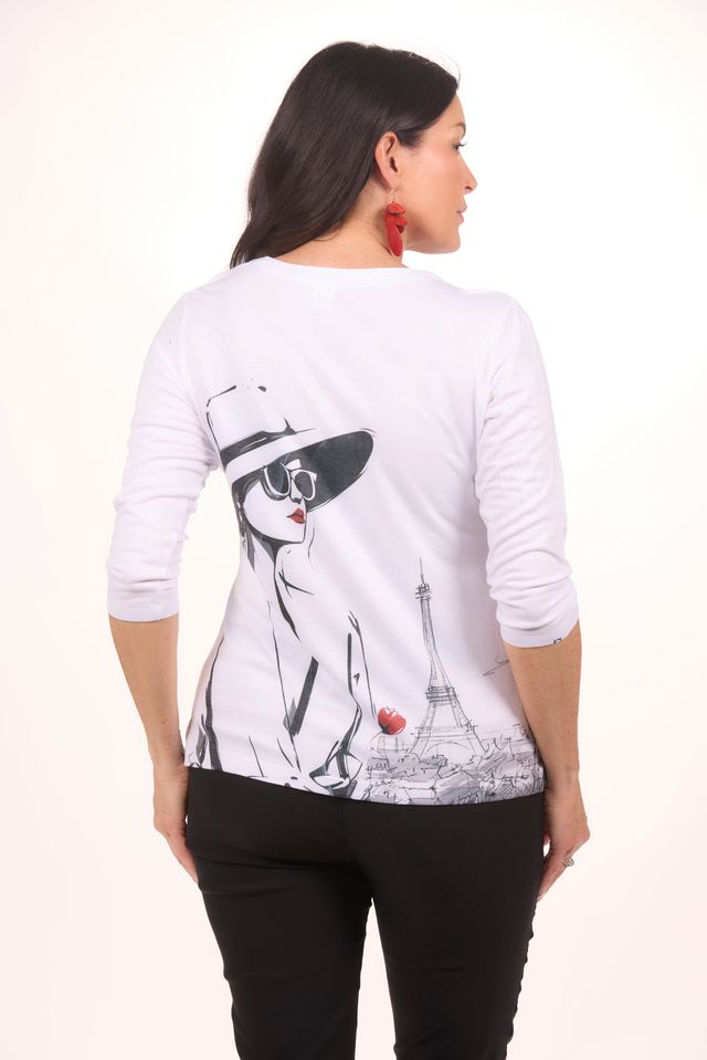 3/4 Sleeve V-Neck Paris Print Top