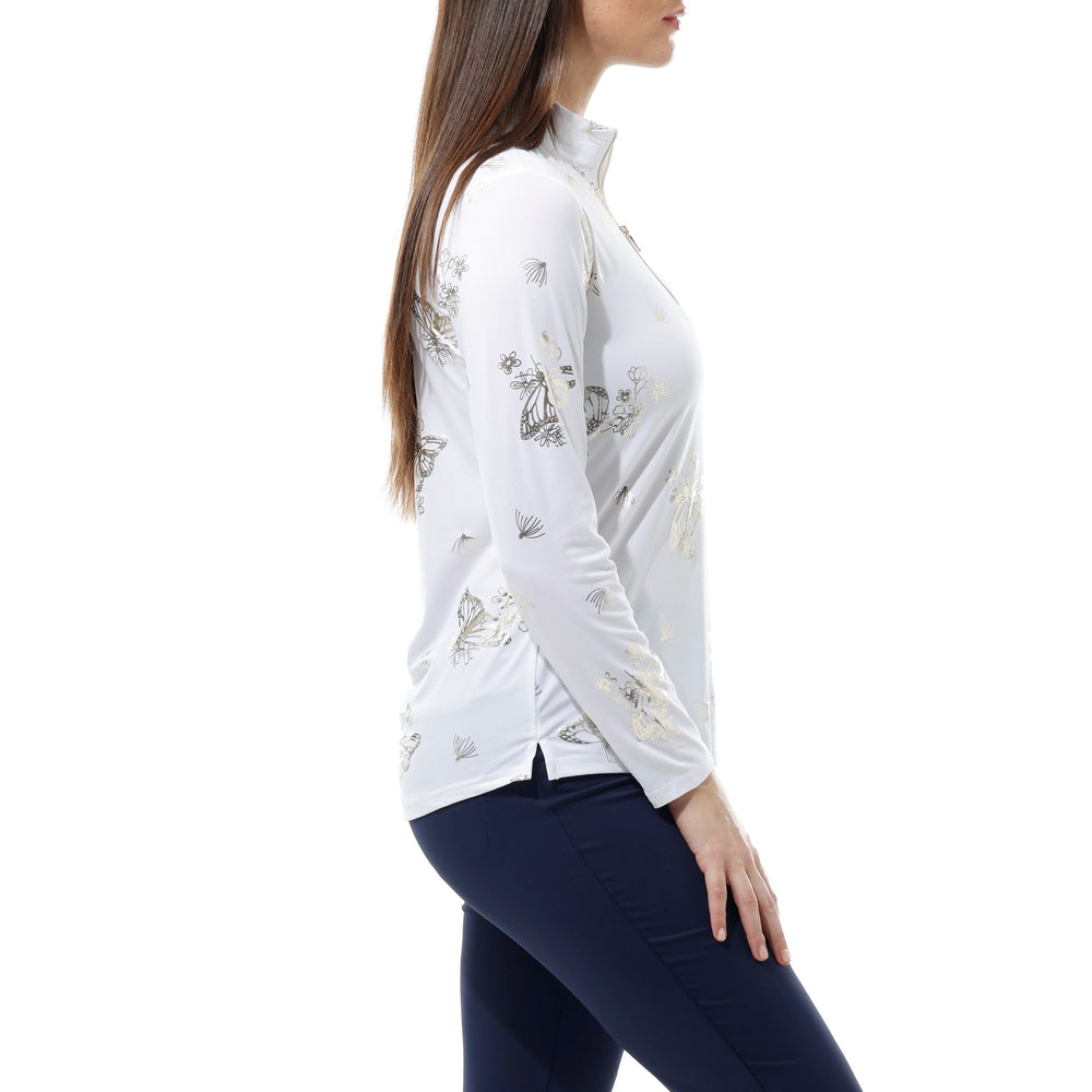 Side image of SanSoleil white monarch printed top. Long sleeve mock neck print. 