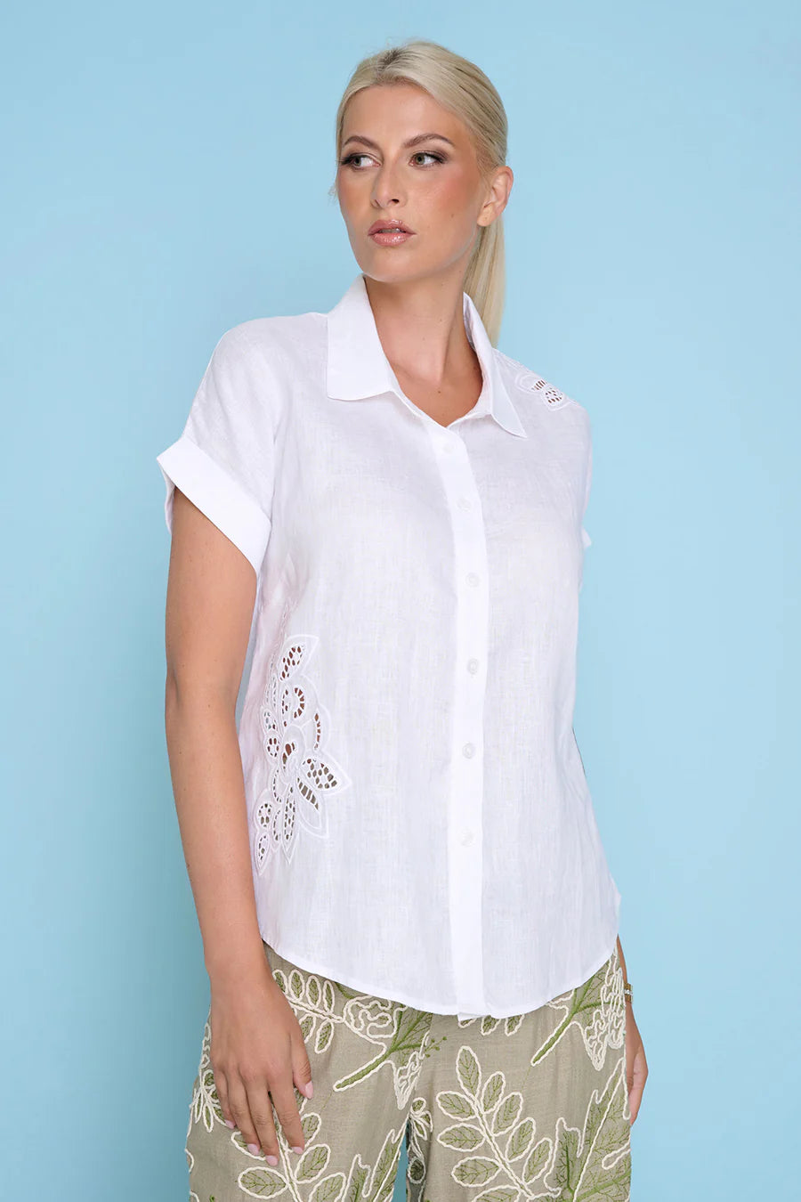 Cap Sleeve Embroidered Cut Out Shirt