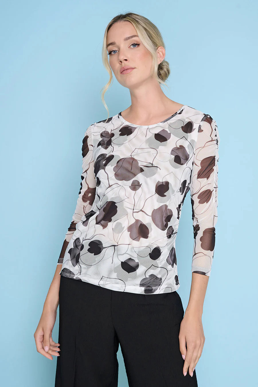 3/4 Sleeve Floral Ruched Top