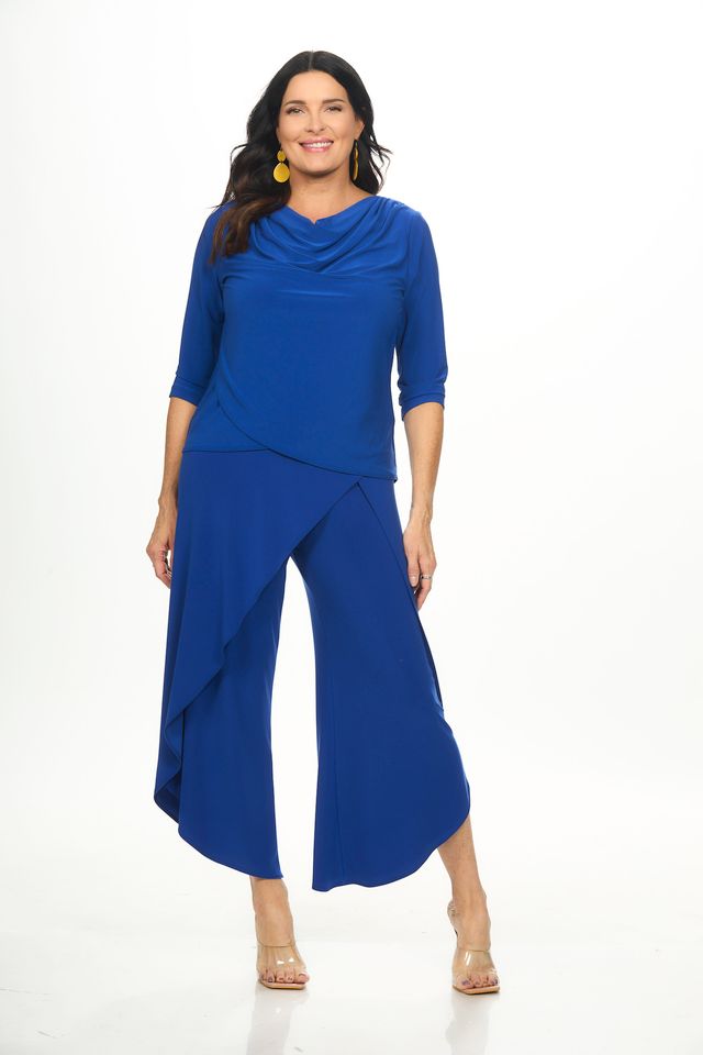 Front image of royal blue cowl neck top.