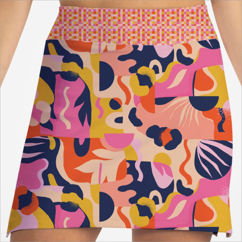 Colorful abstract patterned skort on a plain background