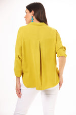 Back image of 2 button air flow shirt. Green button front top. 