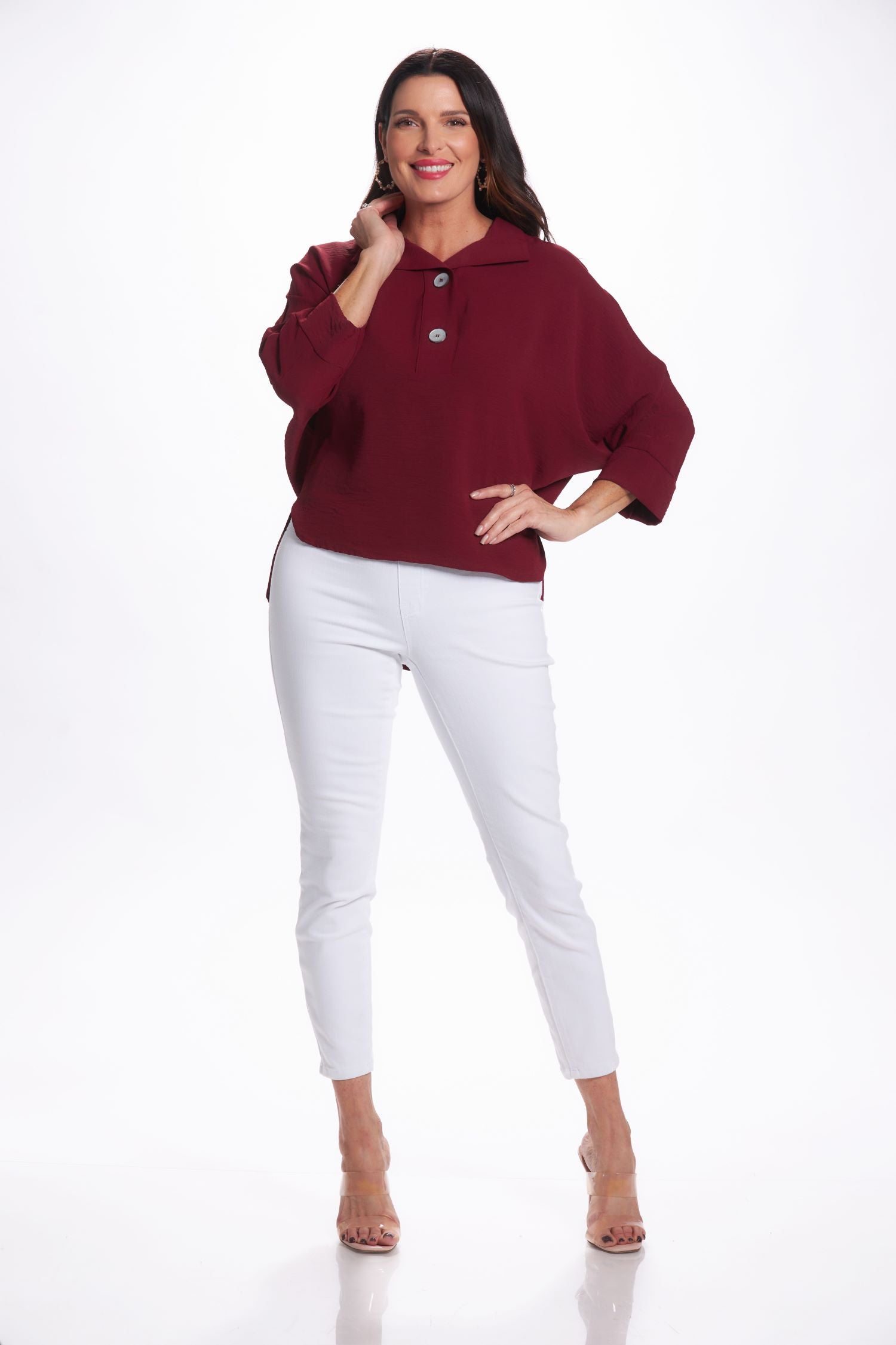 Front image of Air Flow two button top. Burgandy top. 
