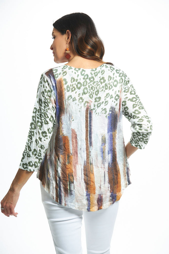 Back image of 3/4 sleeve v-neck top with pocket. Animal printed fall top. 
