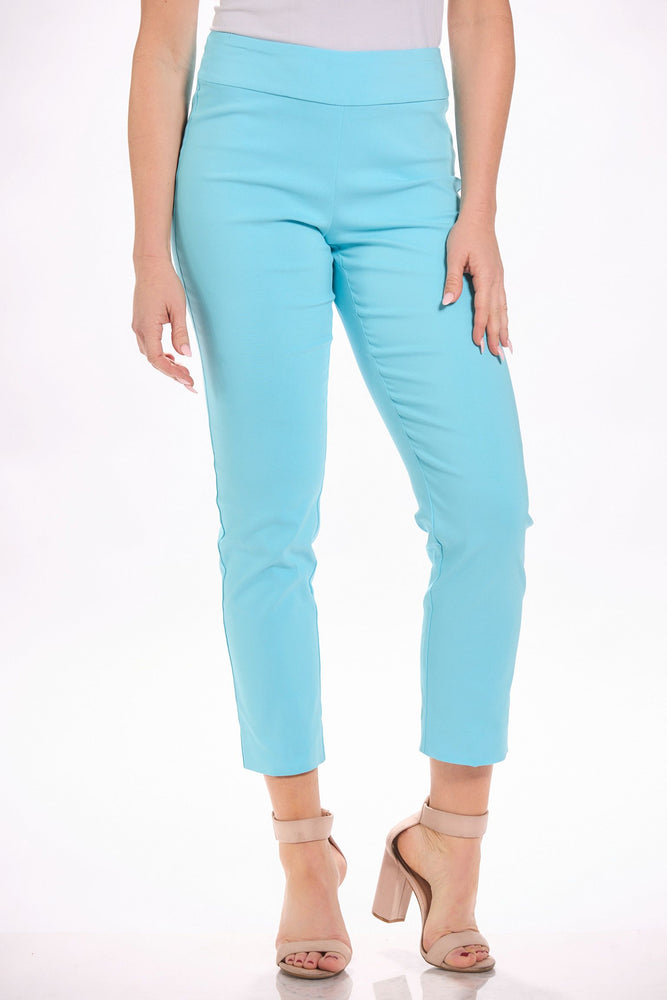Front image of Krazy Larry ankle pants. Pull on aqua pants. 