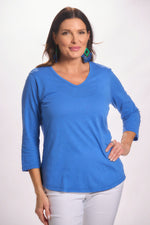 Front image of Lulu B 3/4 sleeve emily tee. Bahama blue top. 