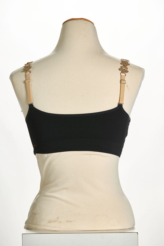 Back image of strap its bra with gold flowers. 