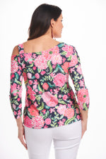 Back image of Mimozza one shoulder top. Black and pink floral print top. 