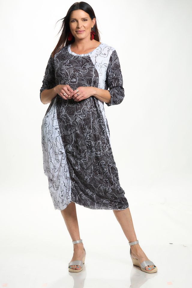 Front image of Shana black and white printed midi dress. 