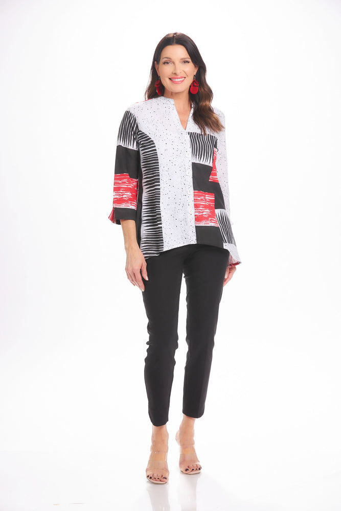 Front image of parsley&sage 3/4 sleeve flare shirt. Black white and red geo printed top. 