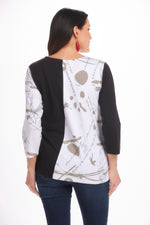 Back image of Parsley and sage 3/4 sleeve v-neck pocket top. Black and white geo printed top. 