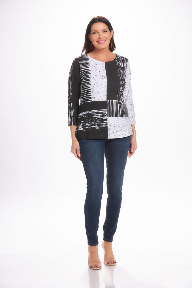 Front image of parsely & sage 3/4 sleeve top in black and white print. 
