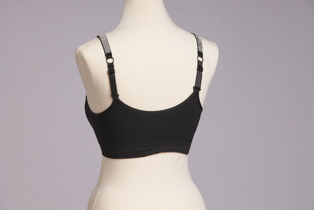 Back image of Strap its bra in black with crystals. 