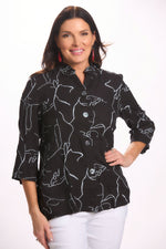 Front image of Fashion Cage black button front wire collar top. 