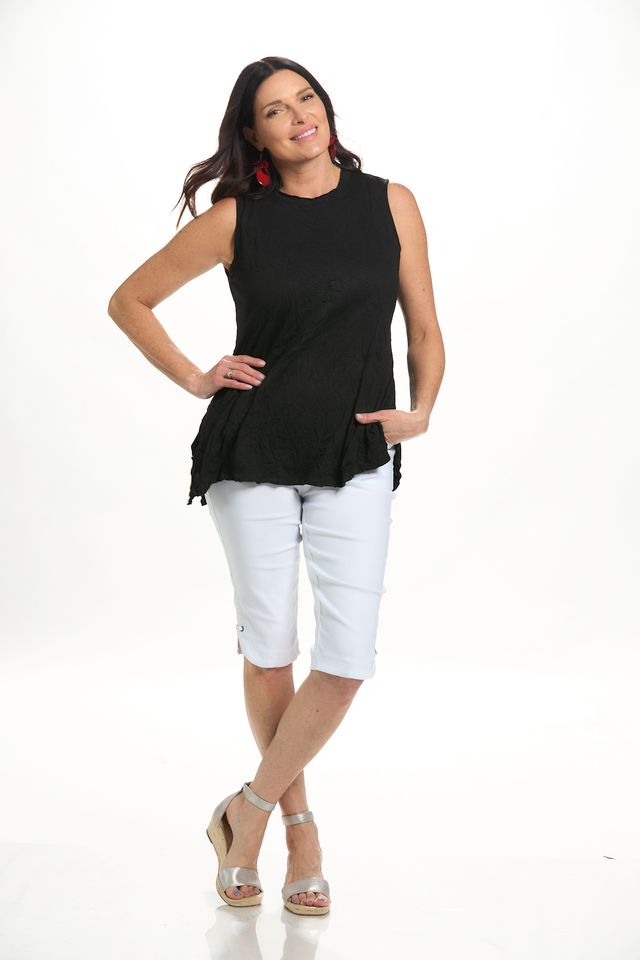 Front image of Shana black crinkle scoop neck top. 