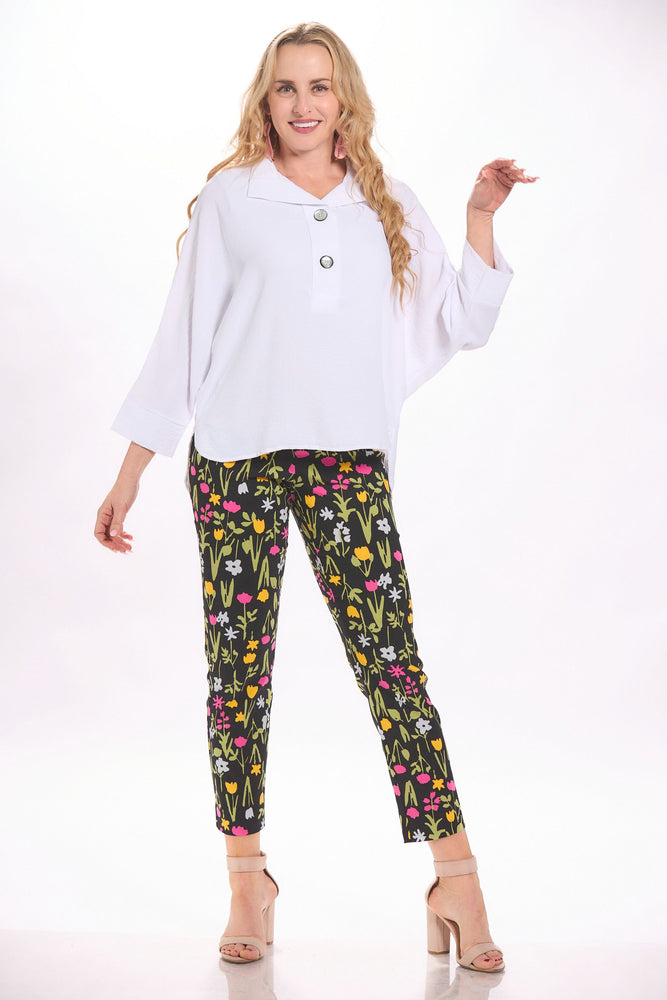 Front image of Krazy Larry black tulips printed pull on pants. 