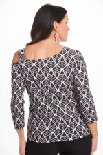 Back image of Mimozza one shoulder top. Black and white feather printed top. 
