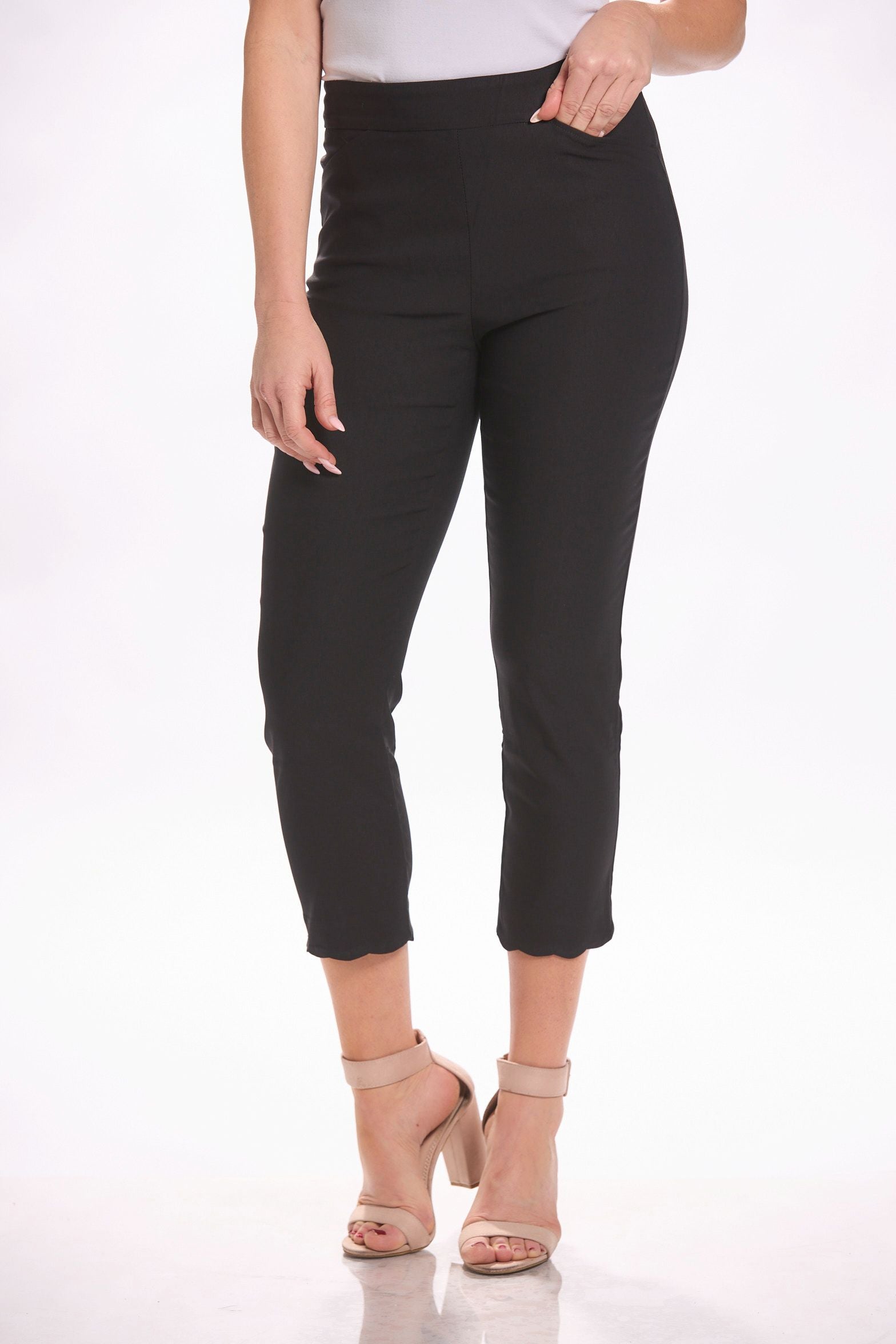 Front image of tribal black scallop pants. Pull on black capri bottoms. 
