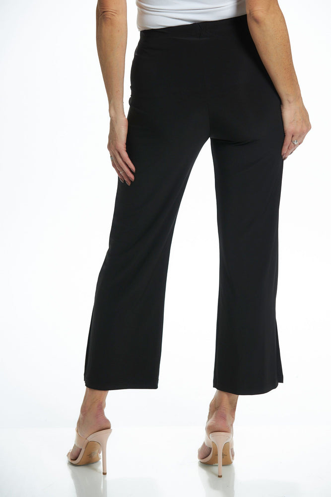 Back image of black pull on side slit ankle pants. Made in the usa pull on pants. 