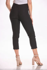 Back image of tribal black scallop pants. Pull on black capri bottoms. 