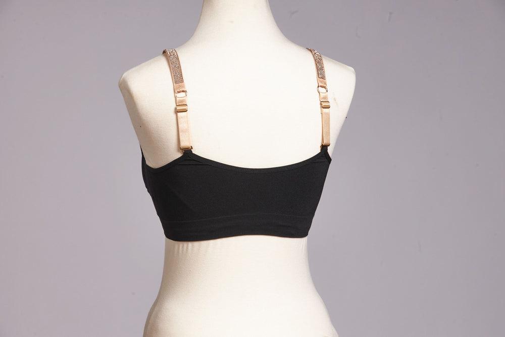 Back image of Strap its bra in black and champagne shimmer.
