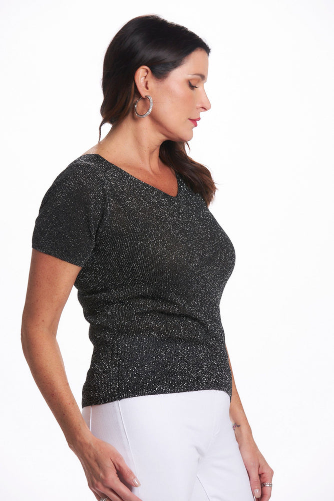 Side image of black v-neck shimmer sweater. Short sleeve shimmer top. 