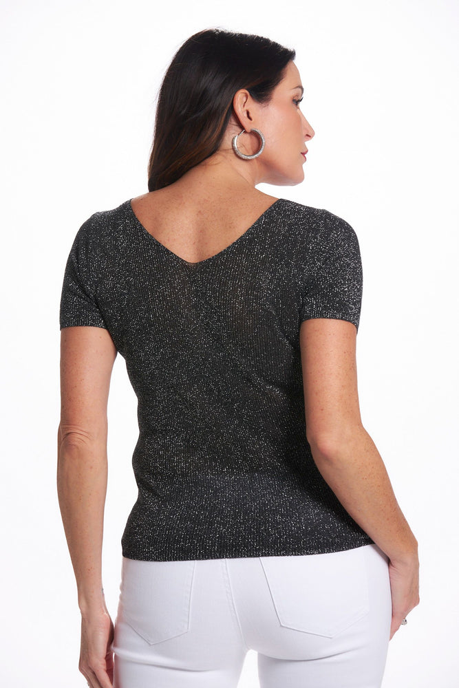 Back image of black v-neck shimmer sweater. Short sleeve shimmer top. 