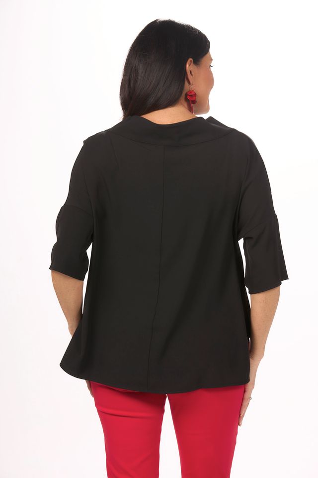 Back image of Suzy D black cowl neck.