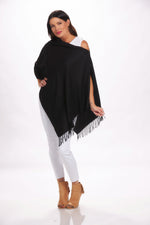Back image of 2 button cashmere wrap top. Black shawl. 