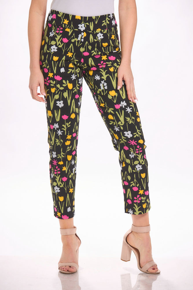 Front image of Krazy Larry black tulips printed pull on pants. 