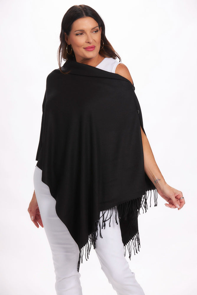 Front image of 2 button cashmere wrap top. Black shawl. 