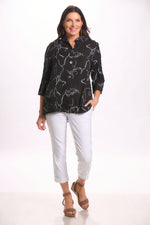 Front image of Fashion Cage black button front wire collar top. 