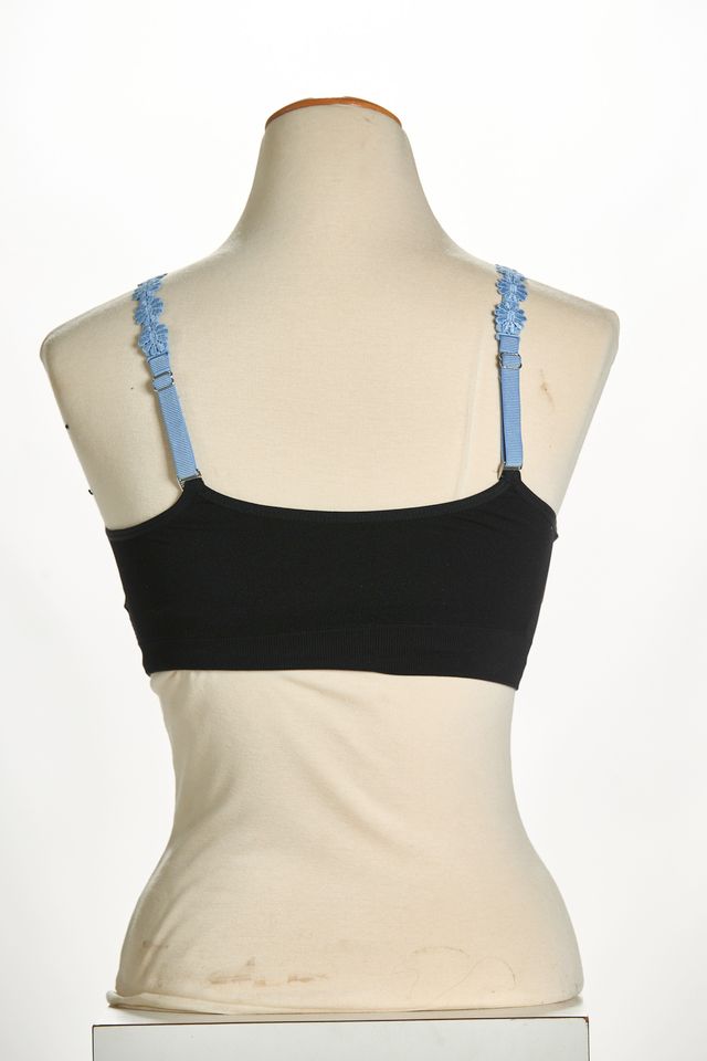 Back image of strap its bra in black with denim flowers. 
