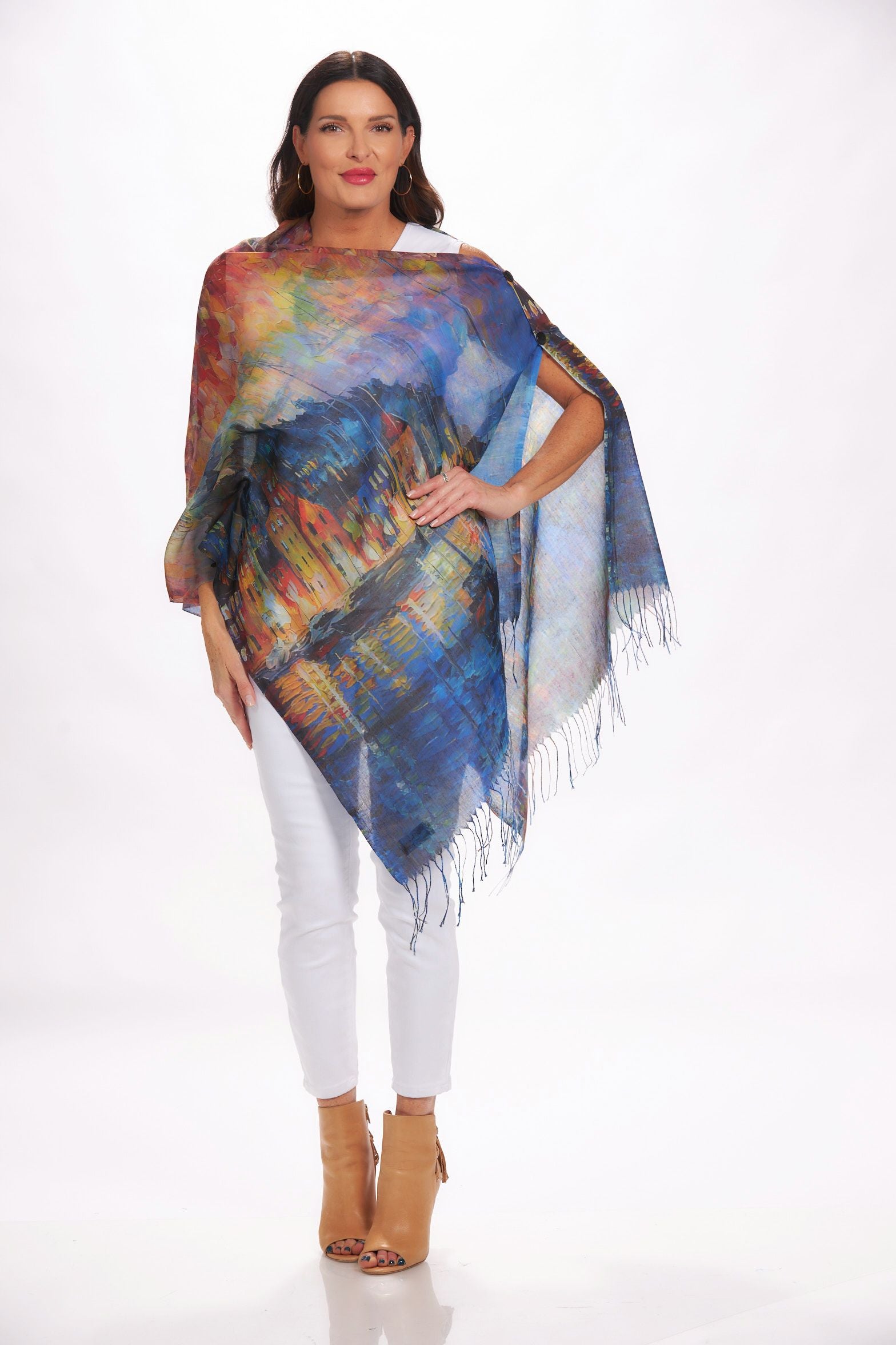 Front image of art design wrap. Yellow and blue printed houses. 