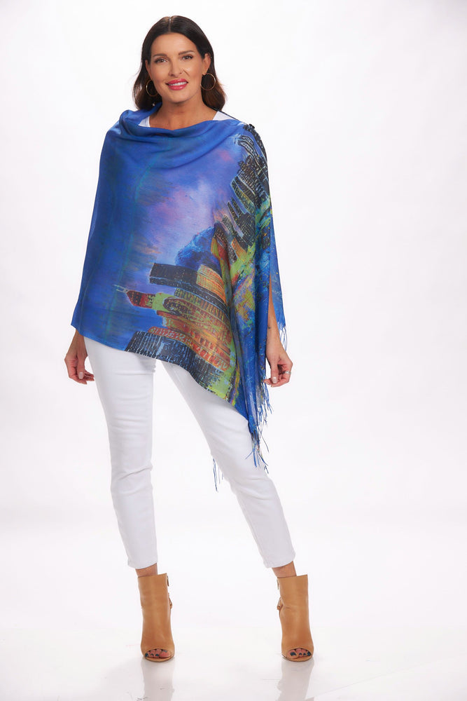 Front image of magic scarf art design wrap. City blue wrap. 