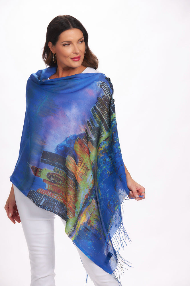 Front image of magic scarf art design wrap. City blue wrap. 